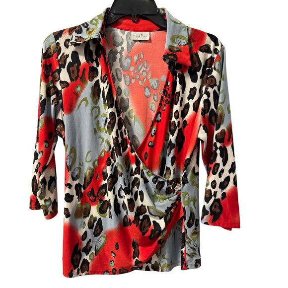 Caribe Womens Animal Print Wrap Top Sz M red multi stretch blouse - Picture 1 of 12